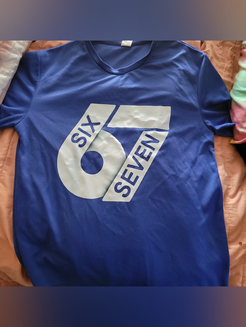 Men's Blue Short-Sleeve Graphic Tee with Trending 'Six Seven' Logo